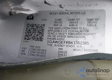 2019 Chevrolet Express 2500 Ls from USA, damaged, VIN 1GAWGEFP5K1362385